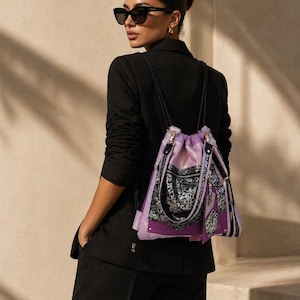 Purple Leather Backpack,Boho Festival Large Floral Rucкsack,Elegant Tote Bag