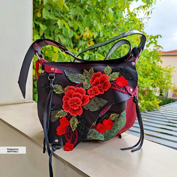 Embroidered Floral Leather Shoulder Bag, Red & Black Boho  display picture 2
