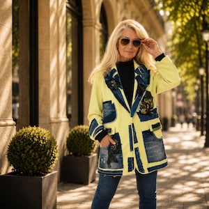 Pode incluir: Um blazer amarelo brilhante com vários remendos de ganga azul, bordas desfiadas e bordados florais escuros nas lapelas e bolsos. O casaco tem uma gola de entalhe, mangas compridas com punhos pretos e um fecho de botões sobre um top preto.