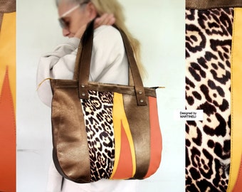 Large Leather Shoulder Bag High-End Italian Leather Purse Animal Print Leather Tote Soft Leather Everyday Tote Colorful Weekend Purse Artsy