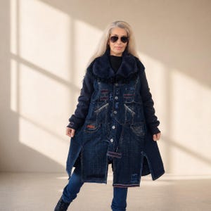 Plus Size Patchwork Denim Jacket, 3XL Boho Chic Ripped Jean Duster Coat, Designer Outfits