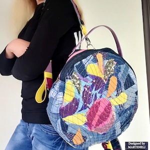 Round Patchwork Denim Backpack,Boho Colorful Leather RucksackBag