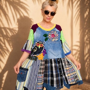 Vestido túnica vaquero de talla grande con estampado de búho, vestido de algodón reciclado con retazos (talla 2XL)