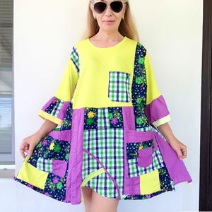 Plus Size Patchwork Cotton Dress 3XL: Upcycled Boho Tunic