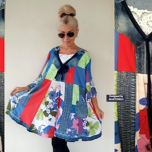 Plus Size Patchwork Denim Tunika Kleid: Upcycled Floral Boho Top