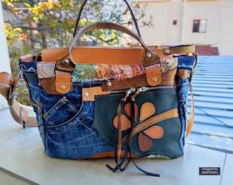 Beige Leather Shoulder Floral Hand Bag Elegant Denim Purse Luxury Crossbody Bag Large Jean Bag Boho Style Denim Bag Artsy Suede Stylish Bag