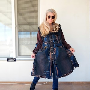 Plus Size Patchwork Denim Jacket, 3XL Boho Chic Leopard Jean Duster Coat, Designer Outfits