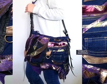 Purple Leather Messenger Bag High End Genuine Leather Purse Patchwork Denim Crossbody Artsy Boho Tote Weekend Travel Gift For Her Luxury Bag