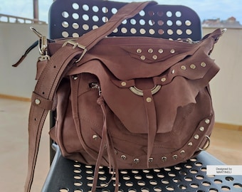 Beige Leather Shoulder Bag Large Cross Body Purse Bag High End Leather Purse Artsy Boho Style Bag Stylish leather Bag Luxury Handcrafted Bag