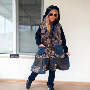 Plus Size Brown Floral Hooded Jacket,3XL Maxi Denim Duster Coat,Boho Embroidered Hoodie