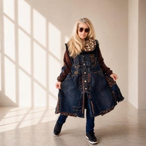 Chaqueta vaquera patchwork de talla grande, abrigo largo vaquero estilo boho chic con estampado de leopardo talla 3XL, conjuntos de diseñador