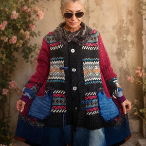 Cárdigan de lana con patchwork rosa de talla grande, chaqueta vaquera de punto estilo bohemio reciclada talla 3XL