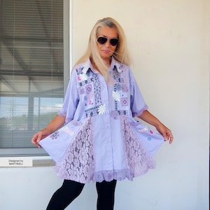 Plus Size Upcycled Tunic Dress 2XL: Embroidered Lavender Cotton Boho Shirt