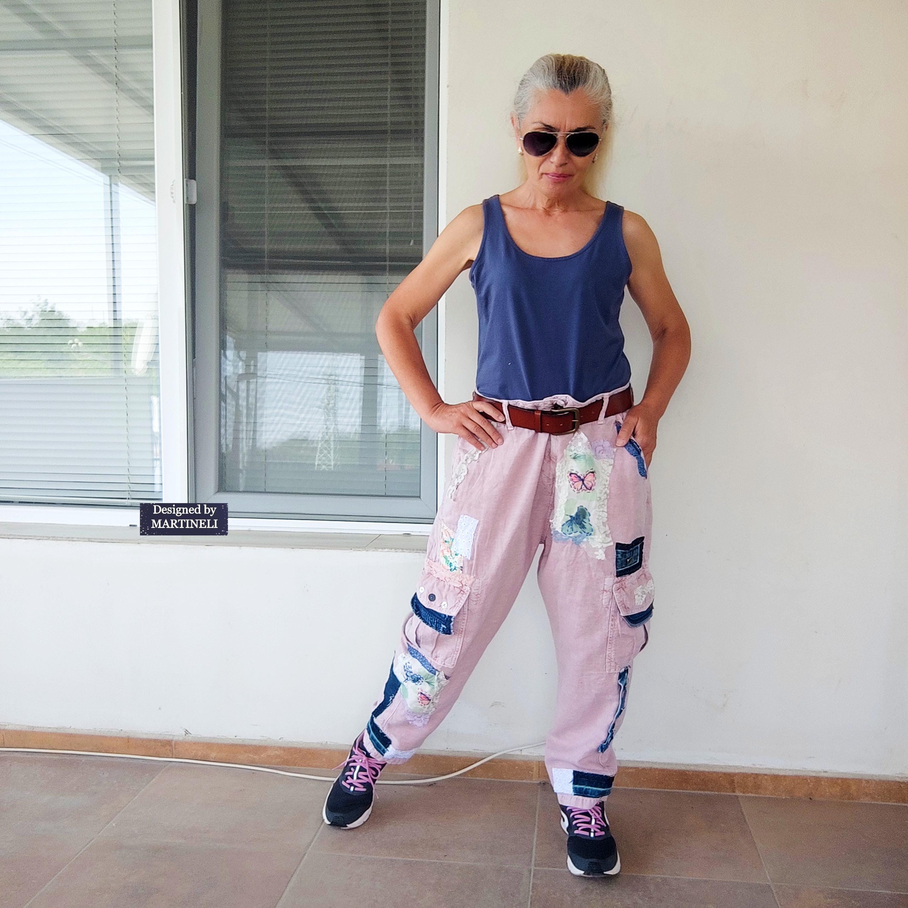 Plus Size Pink Linen Patchwork Pants: Boho Wide Leg Upcycled Trousers