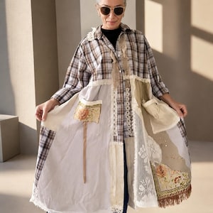 Plus Size Upcycled Linen Duster, 2XL Boho Lace Embroidered Maxi Dress