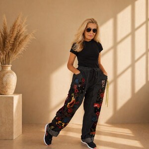 Plus size geborduurde patchwork jeans, maat 2XL boho festival wijde pijpen broek voor dames