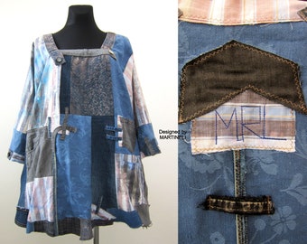 Plus Size Denim Dress 3XL Upcycled Clothing for Women Blue Cotton Tunic Dress Boho Chic Denim Top Tie Dye Patchwork Dress Maxi Shirt Dress