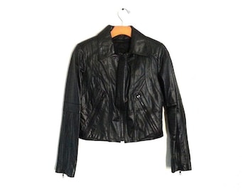Women's Vintage Black Leather Jacket 80s 90s Cropped Tagged Size 6