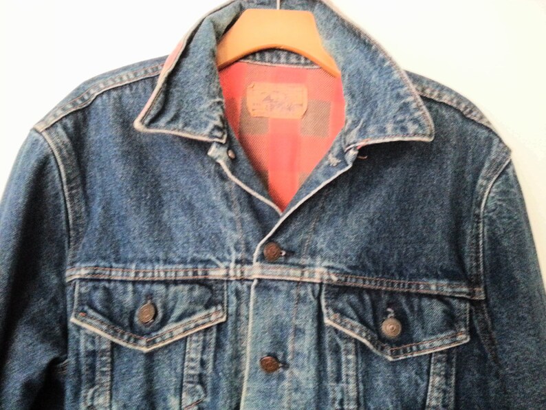 Men/'s Tagged Size 42 JCPenney 80s Plain Pockets Vintage Denim Jacket Plaid Lined