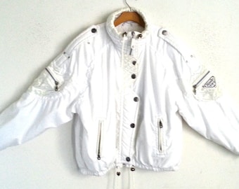 Women's Vintage Ski Suit | Kaelin | White 2 Pc Jacket Pants | Tagged Size 14
