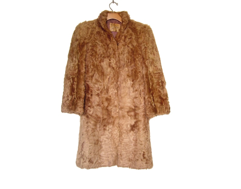 May include: A brown faux fur coat with a collar and long sleeves. The coat is hanging on a wooden hanger.