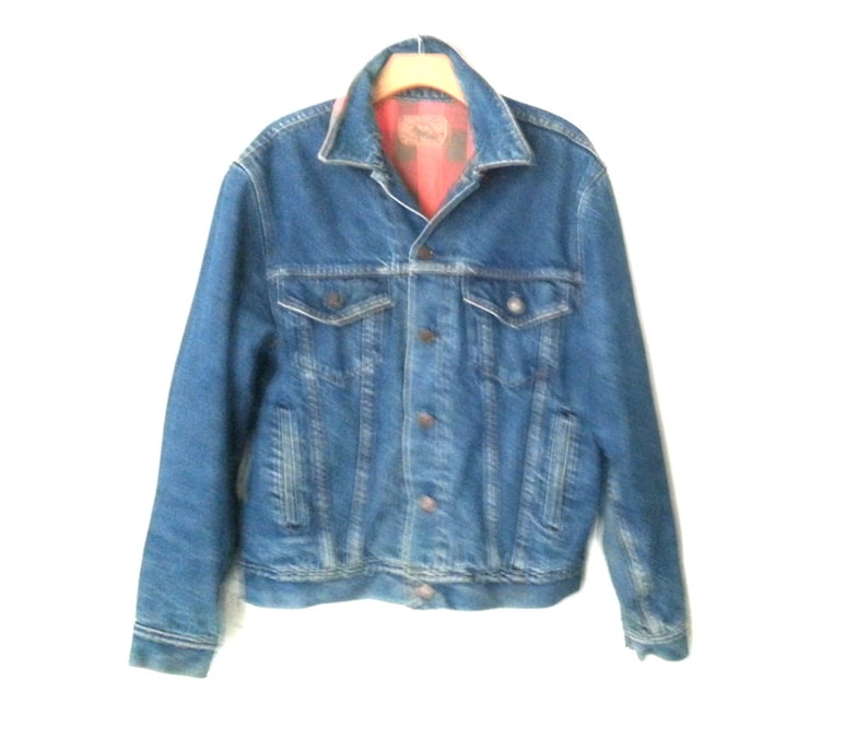 Men/'s Tagged Size 42 JCPenney 80s Plain Pockets Vintage Denim Jacket Plaid Lined