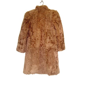 May include: A brown faux fur coat with a high collar and long sleeves. The coat is hanging on a hanger.