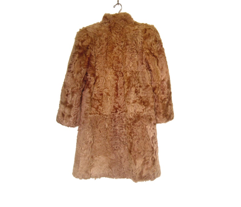May include: A brown faux fur coat with a high collar and long sleeves. The coat is hanging on a hanger.
