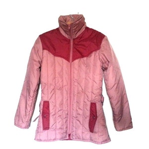Vintage 80s Winter Coat | Colorblock Pink Burgundy | Women&#39;s Tagged Small | Excellent