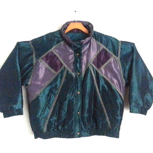 Rad Vintage 80s Ski Jacket Colorblock Shiny Teal Purple Winter Coat Large