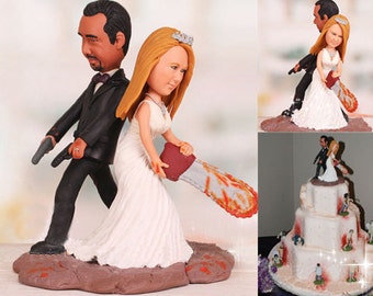Personalised wedding cake topper - Zombie Wedding Cake Toppers Groom Holding Pistols Bride Wielding Chainsaw (Free shipping)