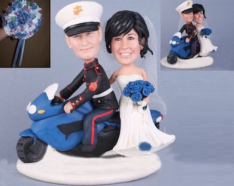 Marine Groom Riding Motorcycle Cake Topper - Personalised wedding cake topper  (Free shipping)