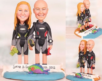 Scuba Divers Cake Topper with Underwater Camera and Parrot Fish  - Personalised wedding cake topper  (Free shipping)