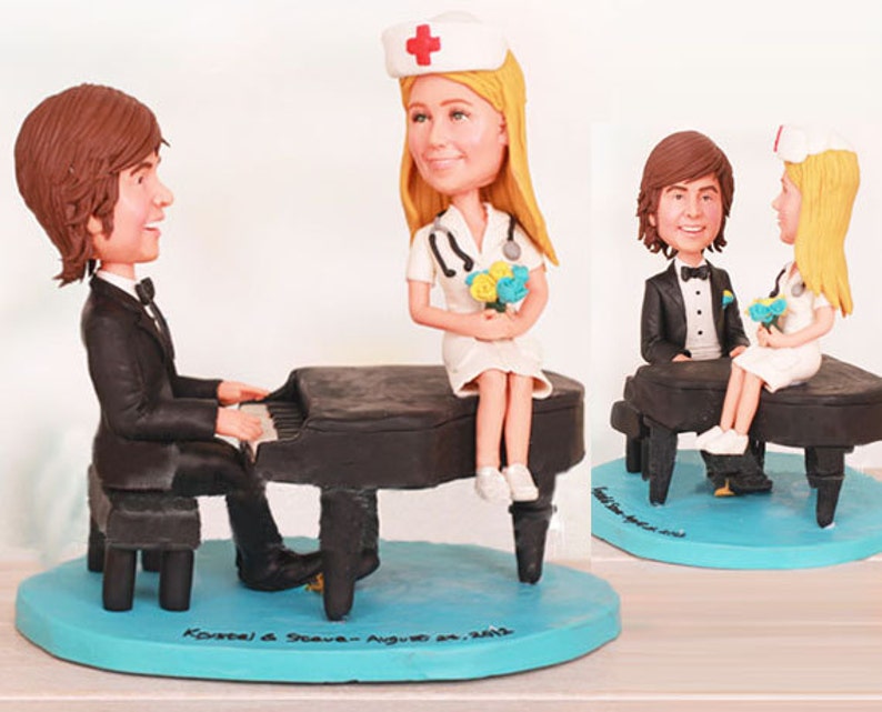 Piano Player and Nurse Wedding Cake Toppers Personalised wedding cake topper Free shipping image 1