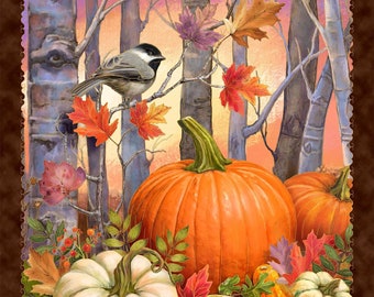 Autumn Sunset Forest Chickadees, Birds, Birch Trees, Pumpkins and Gourds 30360-X 100% Cotton Fabric 24" Panel by QT!