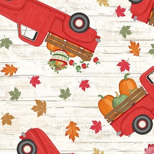 Autumn Pumpkins, Red Trucks, Plaid & Leaves 100% Cotton Quilting Fabrics 4 Styles C7865 REDTRUCKS