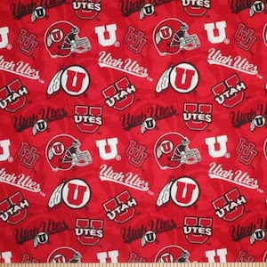 NCAA University of Utah Utes Swoop Red & Black College Logo 100% Cotton Fabric by Sykel 4 Styles 1178 PACKED TOSS RED