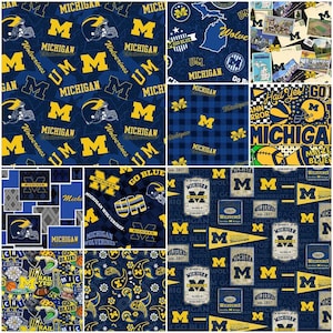 May include: A collage of fabric patterns featuring the University of Michigan's colors and logos. Designs include the block M, helmets, and the words "Michigan" and "Wolverines". The color scheme is primarily maize and blue.