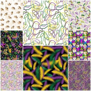 Mardi Gras Fat Tuesday Carnival New Orleans Beads, Feathers, Sequins, Nola, Confetti 100% Cotton Fabrics 8 Styles image 1