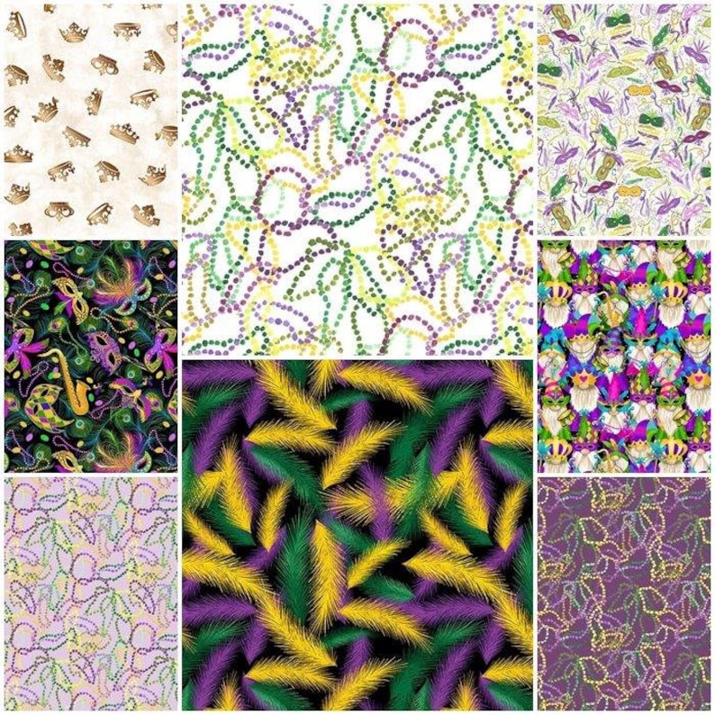 Mardi Gras Fat Tuesday Carnival New Orleans Beads, Feathers, Sequins, Nola, Confetti 100% Cotton Fabrics 8 Styles image 1