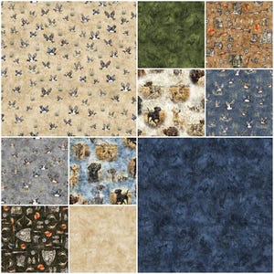 May include: A collection of fabric swatches featuring various patterns. Designs include flying ducks, hunting dogs, hunting gear, and abstract textures. Colors range from earthy tones like brown and green to shades of blue and gray. The fabrics appear to be cotton or a similar material.