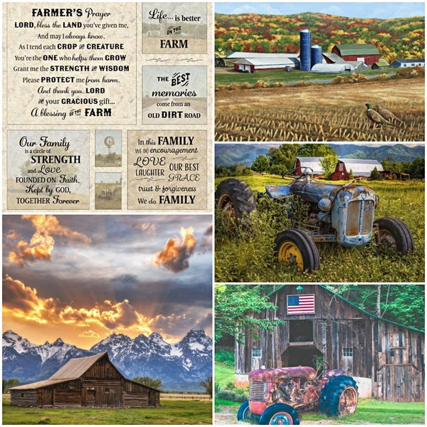 Country Farmers Prayer, Old Tractors, Farms & Barns 100% Cotton Fabric Panels! 5 Styles