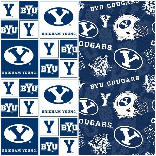 NCAA Brigham Young Cougars Blue & White College Logo 100% Cotton Fabric by Sykel! 2 Styles