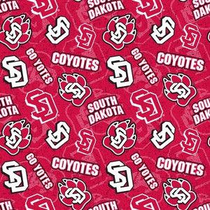 May include: A red and white repeating pattern featuring the South Dakota Coyotes logo, paw print, and the words "South Dakota", "Coyotes", and "Go Yotes".