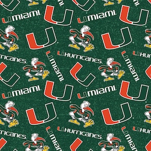 May include: A repeating pattern on a green background features the University of Miami Hurricanes logo. The design includes the letter "U" in orange and green, the word "Miami", and the Hurricanes mascot.
