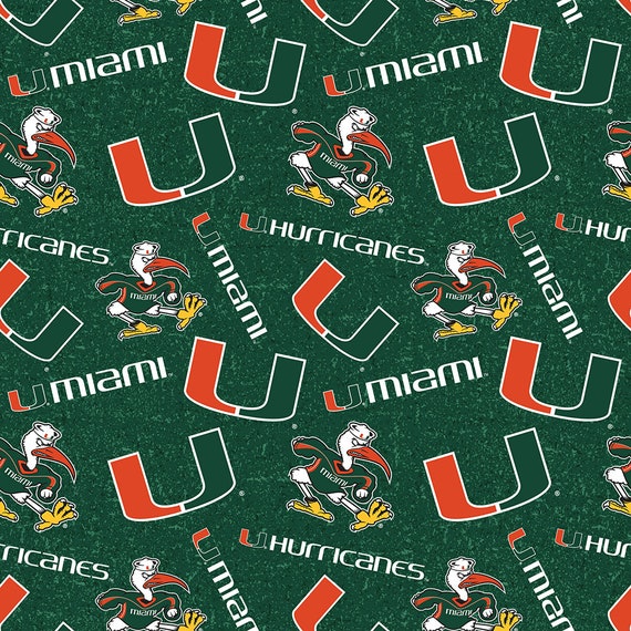 NCAA University of Miami Hurricanes Green & Orange College Logo 100% Cotton Fabric! 2 Styles