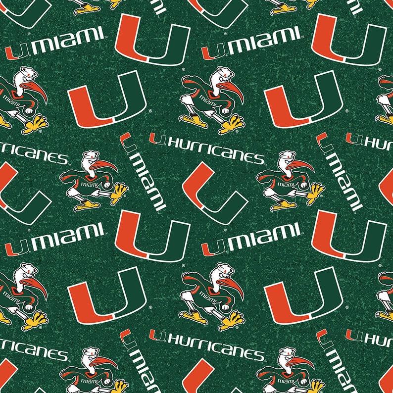 May include: A repeating pattern on a green background features the University of Miami Hurricanes logo. The design includes the letter "U" in orange and green, the word "Miami", and the Hurricanes mascot.