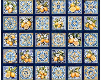 Painéis de tecido 100% algodão com estampa de mosaicos de limão Citrus Bliss para aventais e outros modelos da QT! 2 estilos disponíveis.