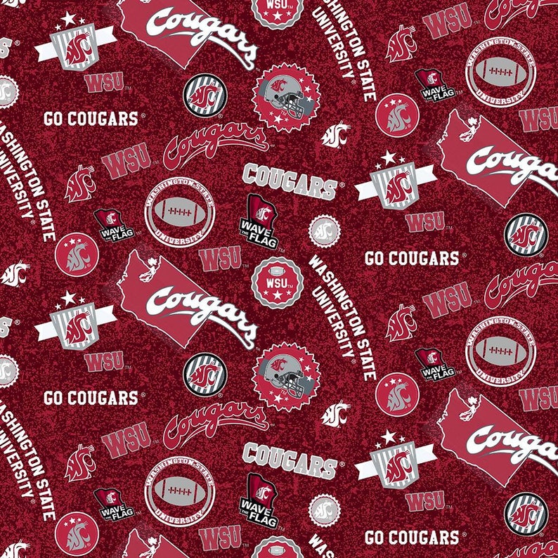 NCAA Washington State Cougars Red & Grey 100% College Logo Cotton Fabric by Sykel 5 Styles 1208 RED HOMESTATE