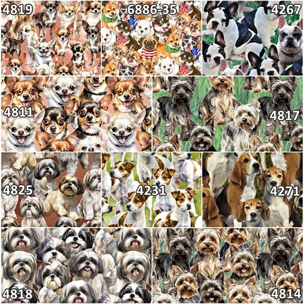 Dog Breeds 100% Cotton Fabric Small to Medium Size Breeds! Yorkie, Jack Russell, Boston Terrier, Shih Tzu, French Bulldogs, Beagles